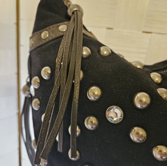 Steve Madden Black Cotton Hobo Style Shoulder Bag Embellished - Picture 4 of 8